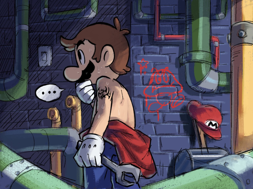 ..., 1boy, arm_tattoo, black_eyes, blue_pants, brown_hair, clothes_around_waist, facial_hair, gloves, goomba, hammer, hat, highres, holding, holding_wrench, indoors, industrial_pipe, male_focus, mari_luijiroh, mario, mustache, pants, profile, red_headwear, solo, super_mario_bros., sweat, tattoo, topless_male, unworn_hat, unworn_headwear, white_gloves, wrench