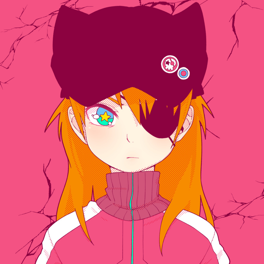 1girl, badge, black_headwear, blue_eyes, button_badge, closed_mouth, crack, cracked_wall