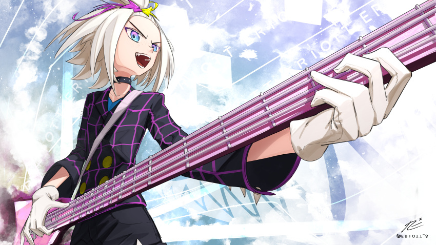 1girl, absurdres, blue_eyes, choker, eriott, gloves, grey_hair, highres