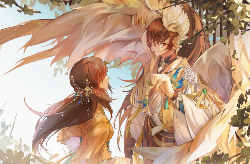 1boy, 1girl, absurdres, arm_behind_back, ayn_(for_all_time), beads, belt, bird_wings