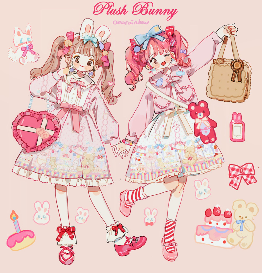 2girls, :3, animal_bag, animal_ear_hairband, animal_ears, animal_print, ankle_socks, artist_name