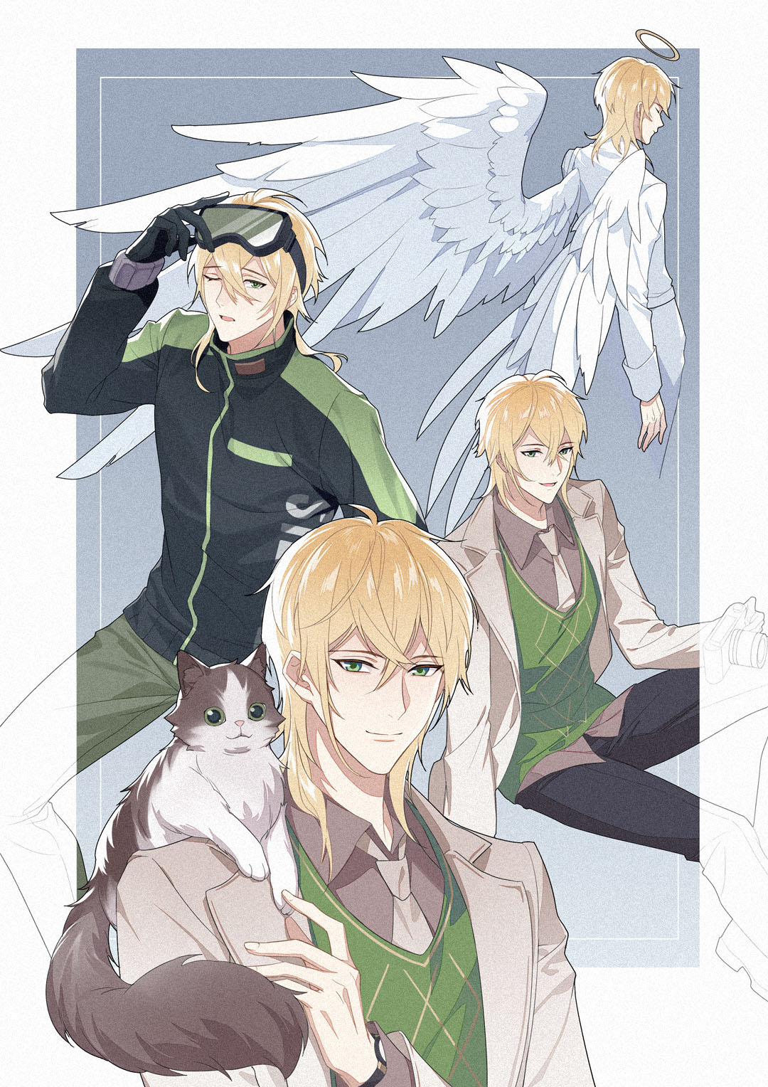 1boy, adjusting_eyewear, angel, angel_wings, animal_on_shoulder, aquarius_(artist), arm_at_side, black_gloves