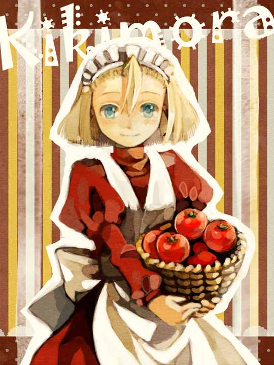 1girl, apple, apron, basket, blonde_hair, blue_eyes, blush, character_name