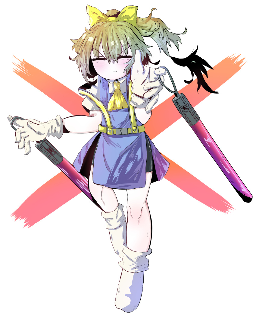 1girl, absurdres, ascot, black_shorts, bow, closed_eyes, closed_mouth, commentary_request, cookie_(touhou), daiyousei, diyusi_(cookie), dress, flat_chest, frown, full_body, gloves, green_hair, hair_between_eyes, hair_bow, high-visibility_vest, high_ponytail, highres, long_bangs, long_hair, no_shoes, offside:_diyusi, pale_skin, pinafore_dress, shirt, shorts, shorts_under_dress, simple_background, sleeveless, sleeveless_dress, socks, solo, sznkrs, touhou, traffic_baton, v-shaped_eyebrows, white_background, white_dress, white_gloves, white_shirt, white_socks, yellow_ascot, yellow_bow