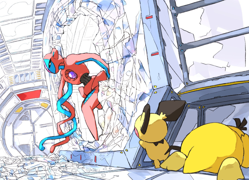 alien, aomon_(yuuji7604), back, behind_cover, broken_glass, containment_unit, deoxys, deoxys_(normal), door, glass, highres, indoors, laboratory, looking_at_another, looking_to_the_side, lying, no_humans, pichu, pokemon, pokemon_(creature), psyduck, tail, tentacles