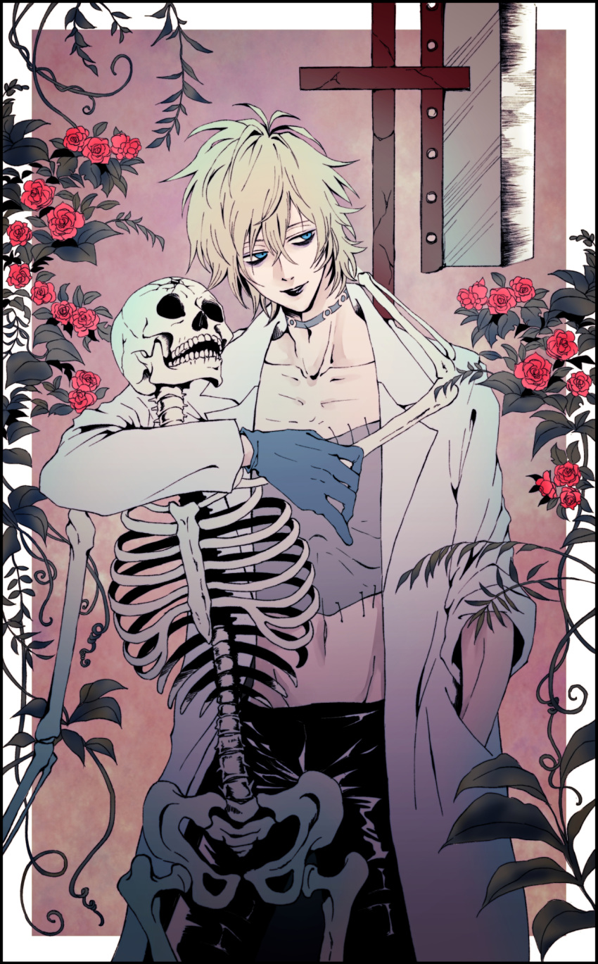 axe, bags_under_eyes, black_lips, black_pants, blonde_hair, blue_eyes, blue_gloves, collarbone