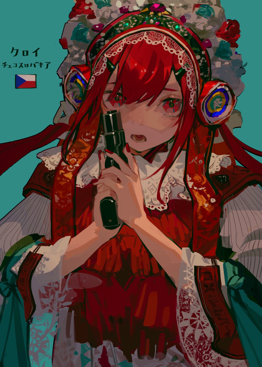 1girl, aamond, absurdres, blue_background, cz75_(girls'_frontline), cz_75, czech_clothes, czech_flag