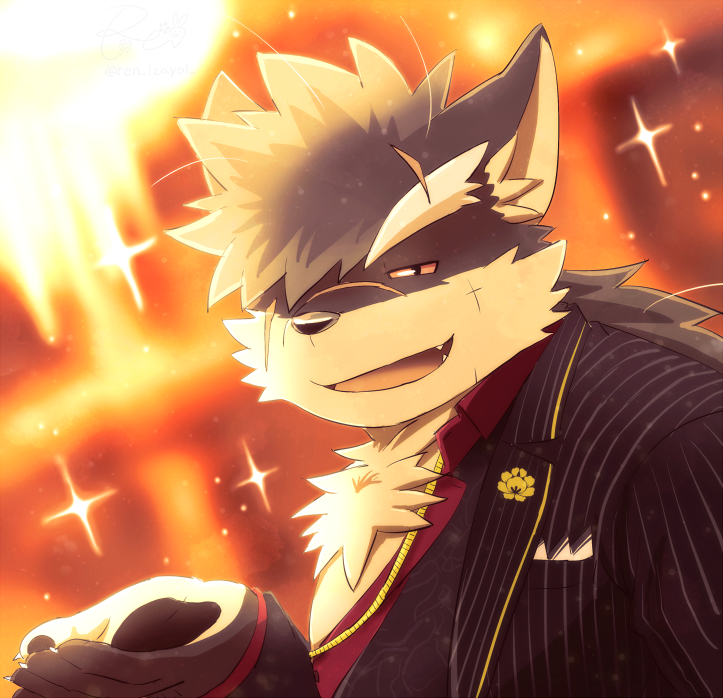 1boy, animal_ears, blurry, blurry_background, chest_tuft, collared_shirt, colored_sclera, commentary_request, cross_scar, dog_boy, dog_ears, eyebrow_cut, fangs, furry, furry_male, half-closed_eye, hand_up, huge_eyebrows, jewelry, long_hair, looking_at_viewer, loose_hair_strand, low_ponytail, male_focus, necklace, official_alternate_costume, open_mouth, pawpads, pocket_square, red_sclera, red_shirt, ren_izayoi, scar, scar_on_cheek, scar_on_face, scar_on_nose, shino_(housamo), shirt, smile, solo, sparkle, striped_suit, suit, tokyo_afterschool_summoners, upper_body
