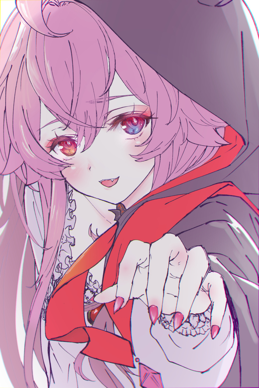 1girl, absurdres, ahoge, black_cloak, blue_archive, blue_eyes, bow, bowtie, choker, cloak, commentary_request, crossed_bangs, double-parted_bangs, fang, fangs, fingernails, frilled_shirt, frills, hair_between_eyes, hair_flaps, hair_intakes, halloween, halloween_costume, hand_up, hasunesirusi, heterochromia, highres, hood, hood_up, hooded_cloak, horned_hood, horns, hoshino_(blue_archive), huge_ahoge, light_blush, long_hair, long_sleeves, looking_at_viewer, open_mouth, pink_hair, puffy_long_sleeves, puffy_sleeves, red_bow, red_bowtie, red_nails, sharp_fingernails, shirt, simple_background, smile, upper_body, vampire, white_background, white_shirt, yellow_eyes