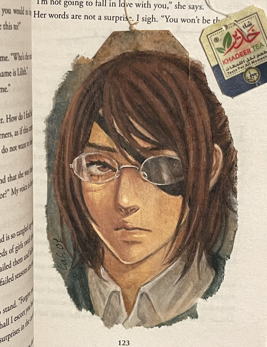 1other, arabic_text, artist_name, brown_eyes, brown_hair, collared_shirt, cropped_head, expressionless