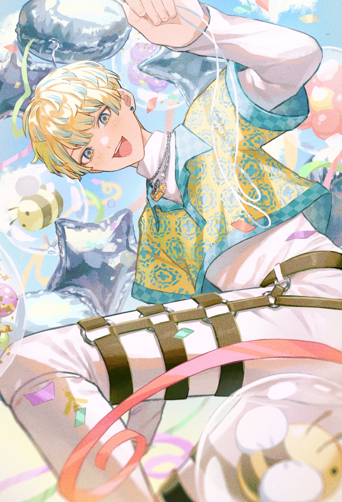 1boy, :d, balloon, bee, belt, black_belt, blonde_hair, blue_eyes