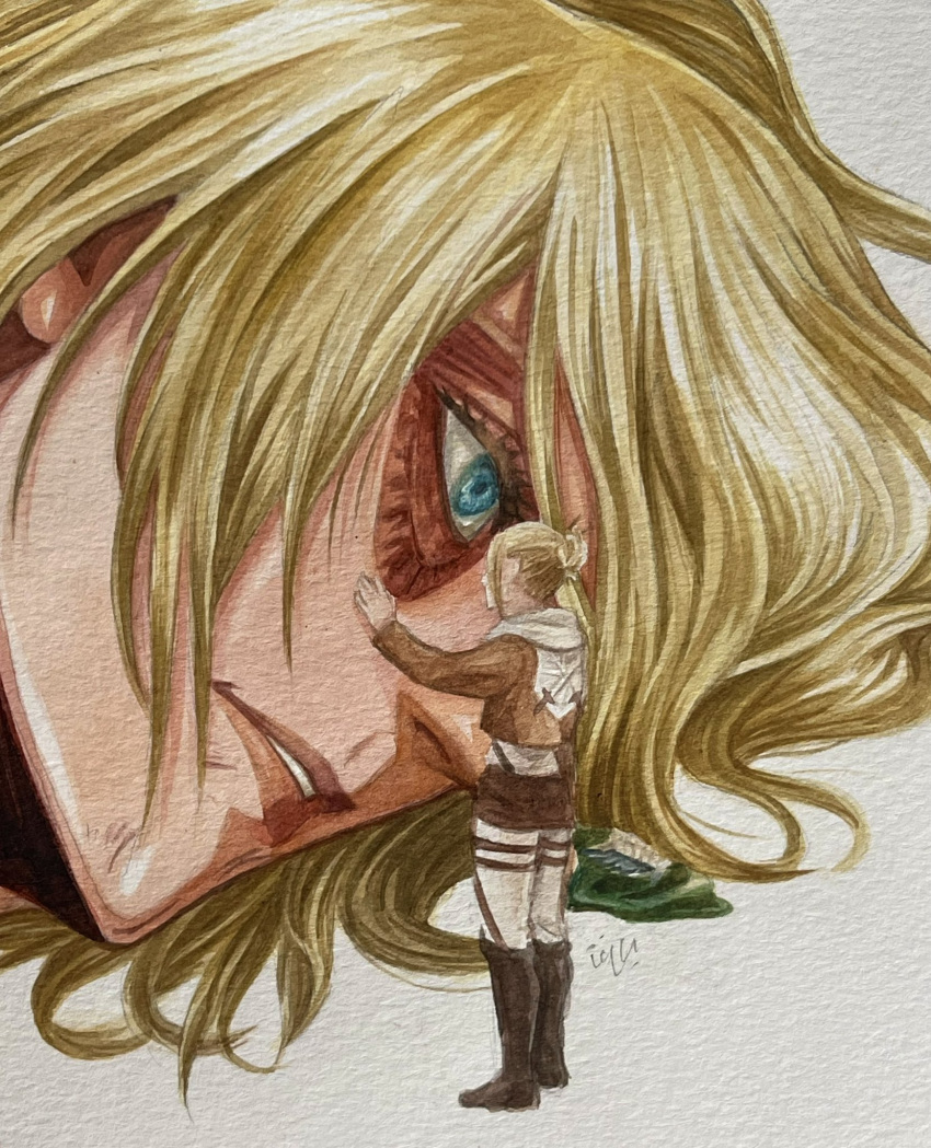 2girls, annie_leonhardt, blonde_hair, blue_eyes, colored_pencil_(medium), exposed_muscle, expressionless, eye_contact
