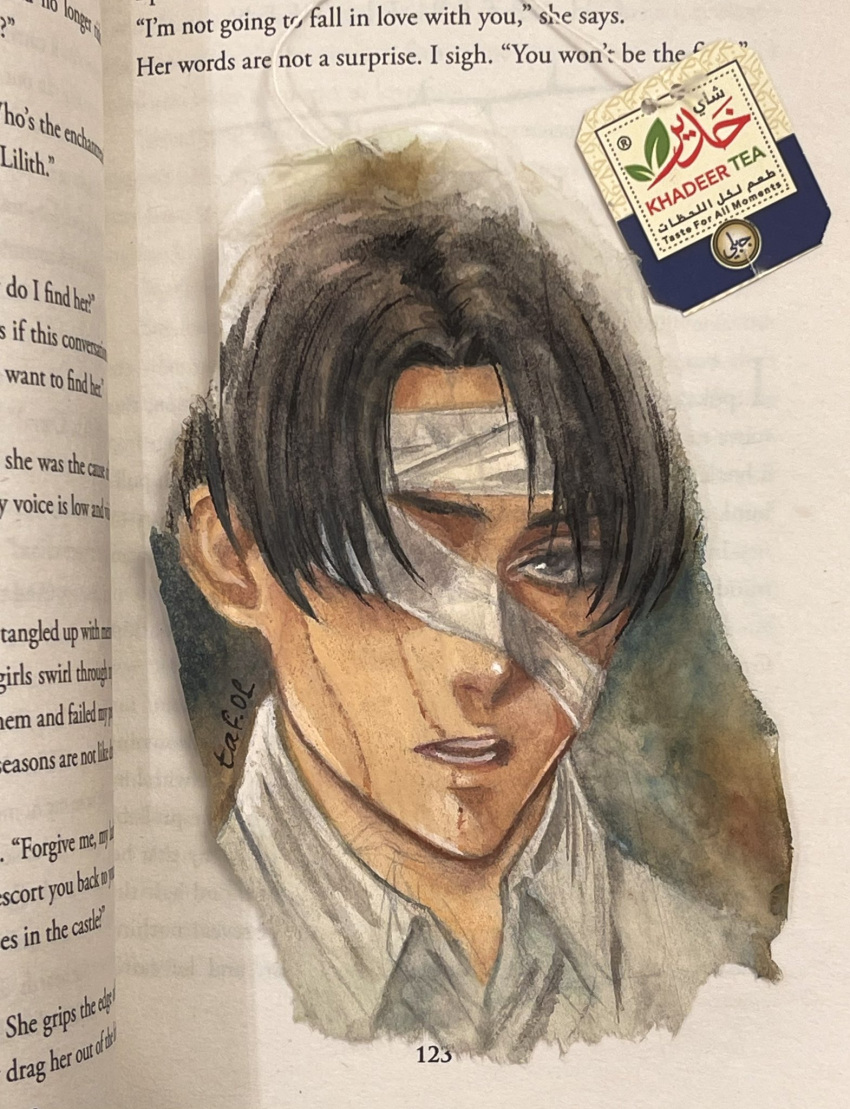 1boy, arabic_text, artist_name, bandage_over_one_eye, black_hair, collared_shirt, cropped_head, grey_eyes