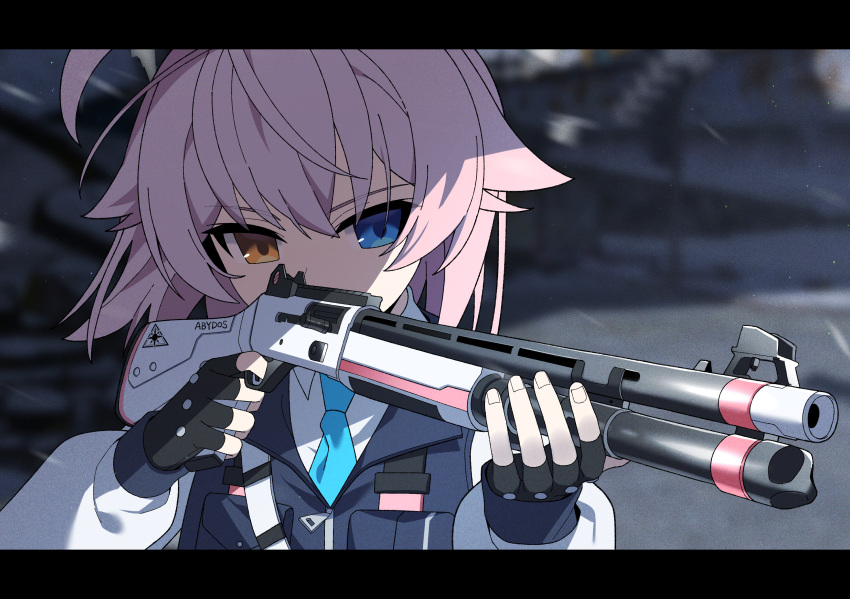 1girl, aiming, beretta_1301, black_gloves, blue_archive, blue_eyes, blue_necktie, blue_vest