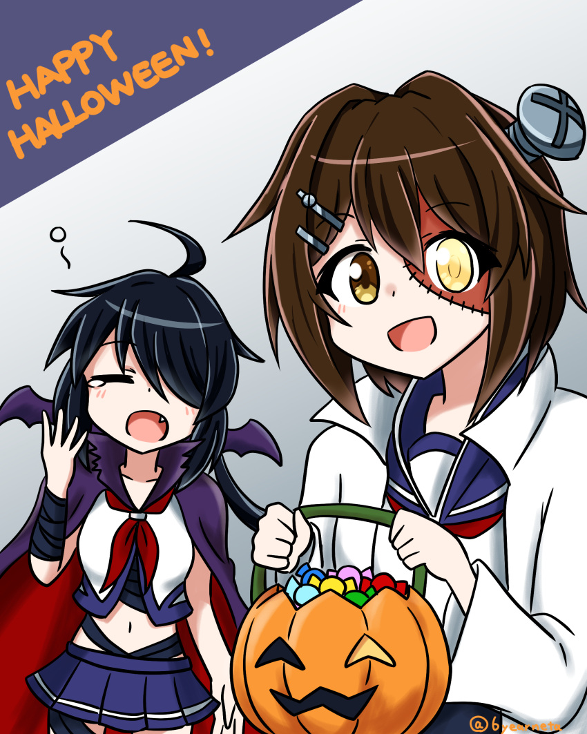 2girls, absurdres, ahoge, alternate_costume, black_hair, blue_serafuku, blue_skirt, brown_hair