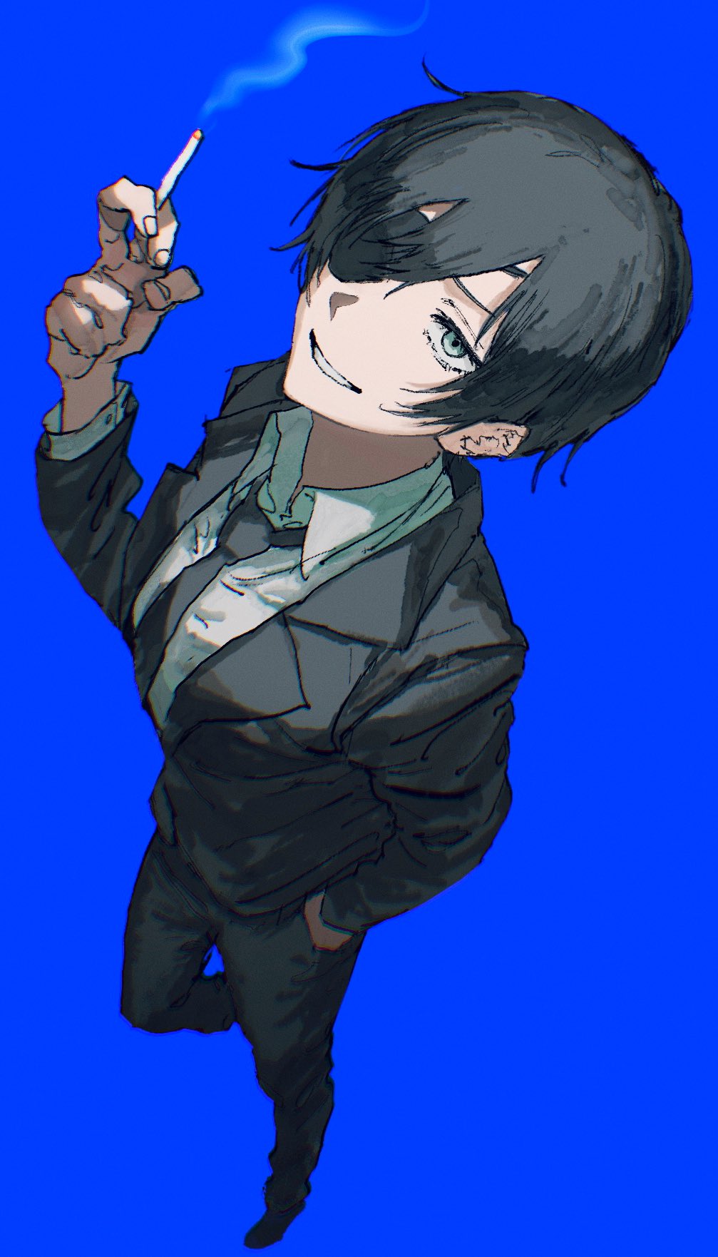 1girl, black_hair, black_jacket, black_necktie, chainsaw_man, cigarette, collared_shirt, eyepatch, formal, from_above, hand_in_pocket, highres, himeno_(chainsaw_man), jacket, kota_2kx, looking_at_viewer, necktie, shirt, short_hair, simple_background, smile, solo, white_shirt