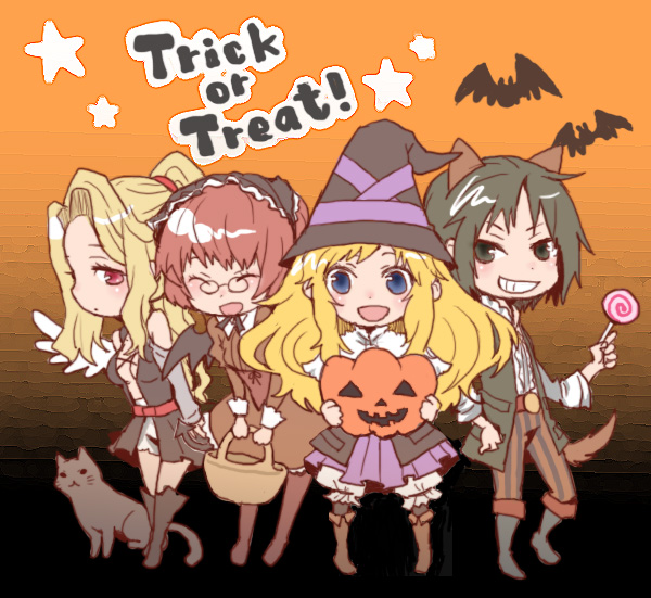 1boy, 3girls, angel, angel_wings, animal_ears, bare_shoulders, bartido_ballentyne, basket, bat, black_cat, black_cat_(animal), blonde_hair, blue_eyes, blush, boots, candy, cat, curly_hair, dog_ears, dress, elbow_gloves, glasses, gloves, grey_eyes, grey_hair, grimgrimoire, grin, halloween, happy, hat, headdress, lillet_blan, lollipop, long_hair, margarita_surprise, multiple_girls, pantyhose, ponytail, pumpkin, red_eyes, short_hair, smile, star, swirl_lollipop, tail, teeth, vanillaware, wings, witch