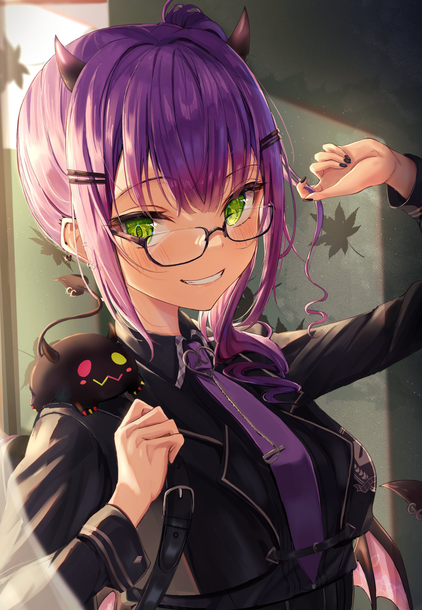 1girl, absurdres, bibi_(tokoyami_towa), black_nails, black_shirt, demon_horns, ear_piercing, glasses