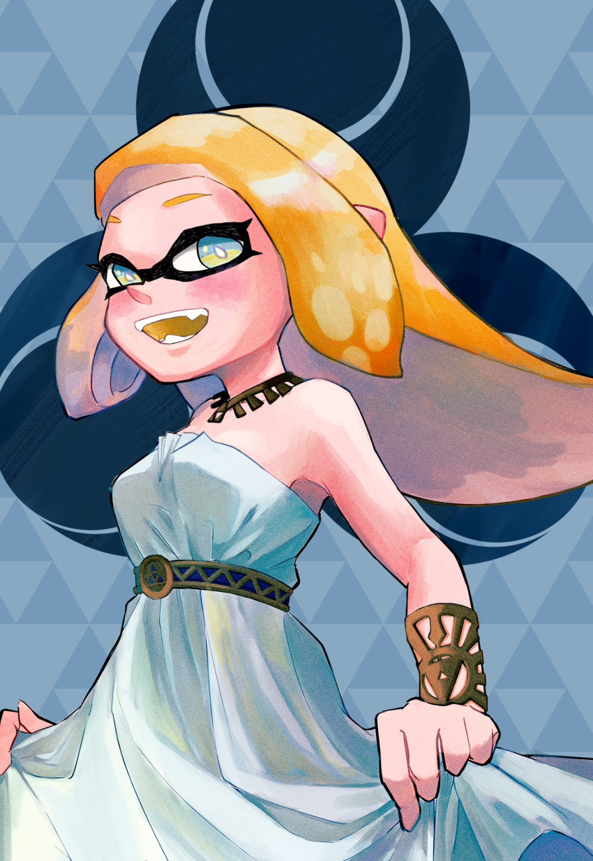 1girl, bracelet, breasts, cosplay, curtsey, dress, highres, inkling