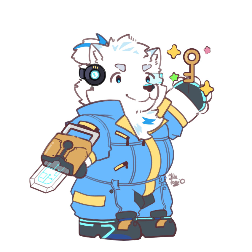 blue_eyes, blue_hair, blue_jumpsuit, chibi, fluffy, highres, jumpsuit, key