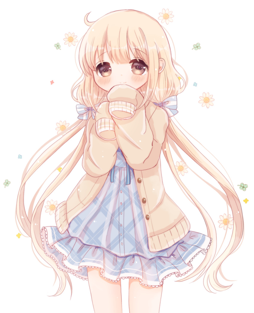 1girl, blonde_hair, blue_dress, blush, bow, cardigan, clover, cowboy_shot