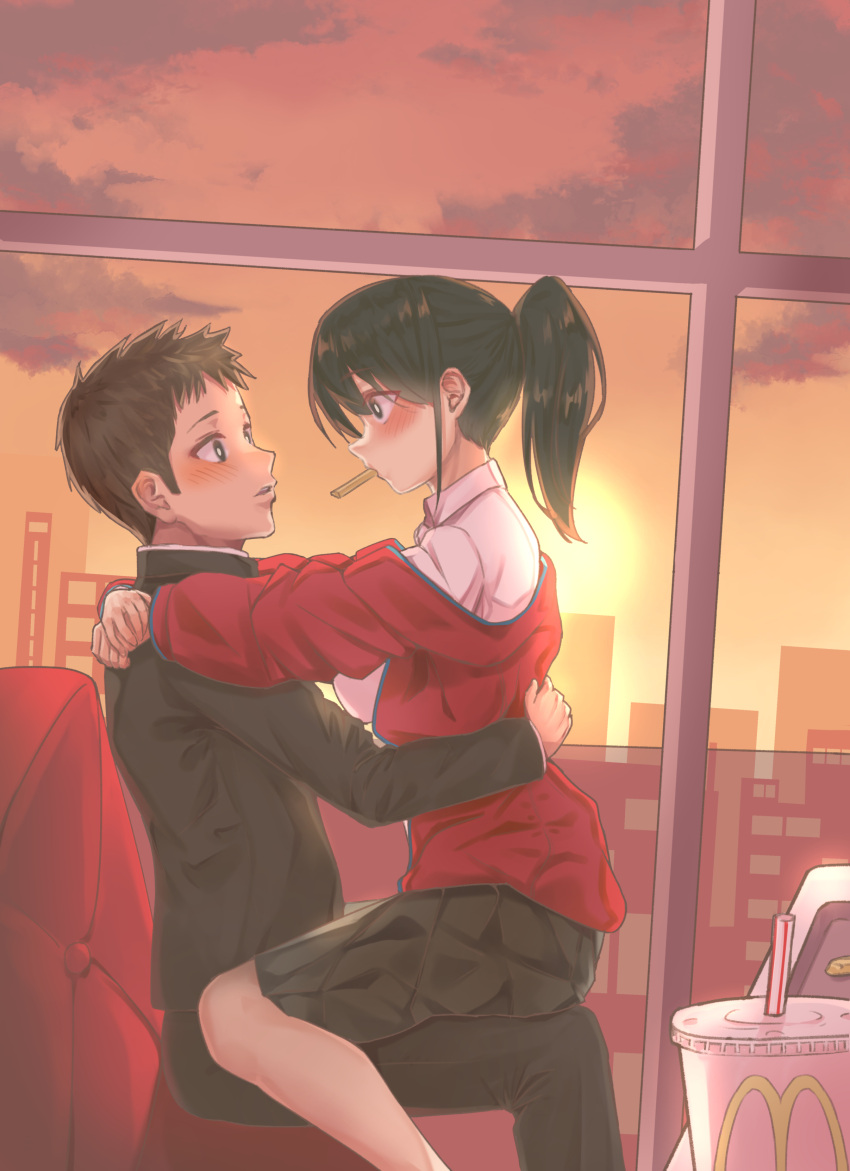 1boy, 1girl, absurdres, arms_around_back, arms_around_neck, black_eyes, black_hair, black_jacket