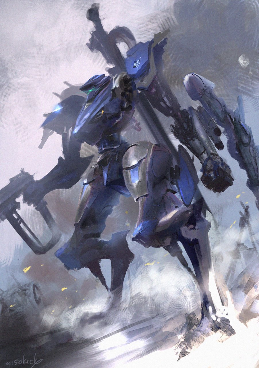 arm_blade, armored_core, armored_core_6, blue_eyes, clenched_hand, commentary_request, dust_cloud, emblem