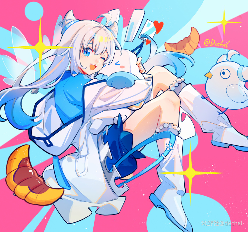 1girl, ahoge, bird, blue_eyes, blue_hair, blue_shirt, blue_shorts, boots