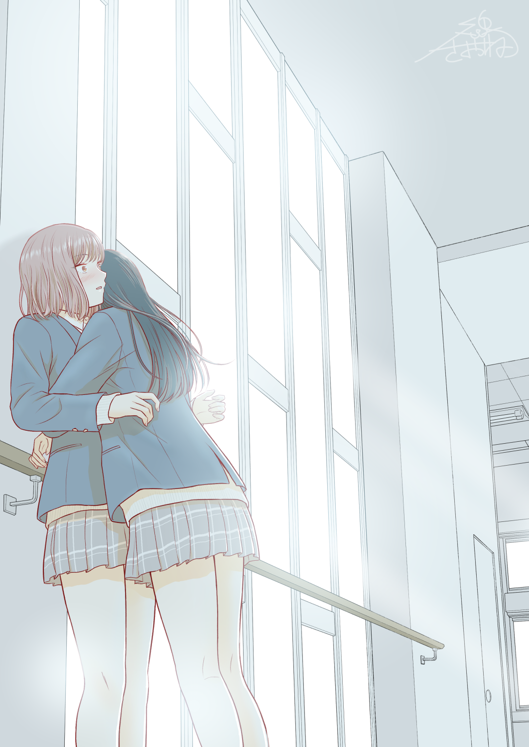 2girls, backlighting, black_hair, blazer, blue_jacket, blush, brown_eyes, brown_hair, collared_shirt, commentary, grey_skirt, highres, hug, indoors, jacket, long_hair, long_sleeves, multiple_girls, original, parted_lips, plaid, plaid_skirt, pleated_skirt, saone_kushima, school_uniform, shirt, short_hair, signature, skirt, white_shirt, window, yuri