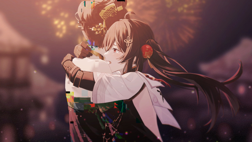 2girls, aerial_fireworks, architecture, back_cutout, black_dress, black_hair, blurry, blurry_background