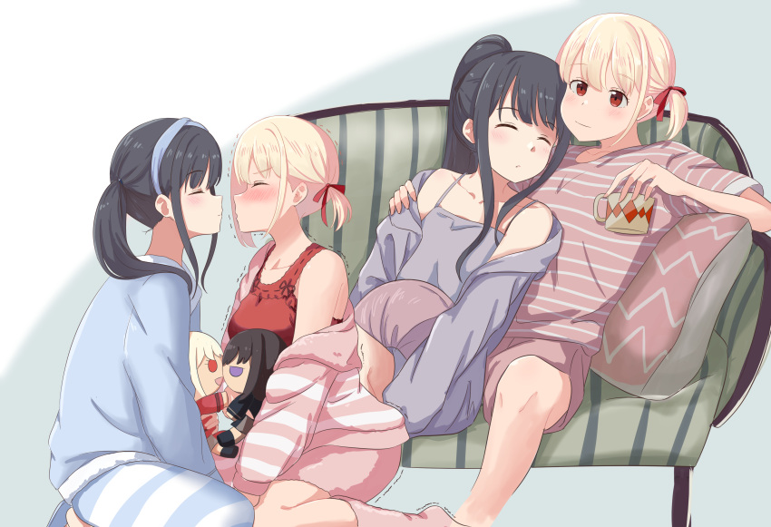 2girls, absurdres, arm_on_another's_shoulder, black_hair, blonde_hair, blush, chai_haru, character_doll