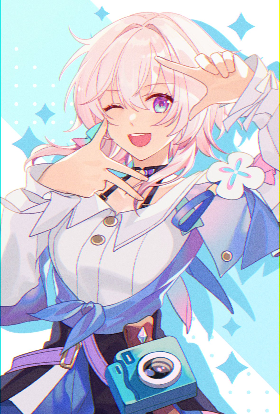 1girl, bad_id, bad_twitter_id, black_choker, black_corset, blue_eyes, blue_jacket, blue_skirt, camera, choker, commentary, corset, cowboy_shot, dress_shirt, english_commentary, finger_frame, flower_ornament, hair_between_eyes, hands_up, highres, honkai:_star_rail, honkai_(series), image_sample, jacket, long_sleeves, looking_at_viewer, march_7th_(honkai:_star_rail), medium_hair, one_eye_closed, open_mouth, pink_eyes, pink_hair, shirt, skirt, smile, solo, teeth, tied_jacket, toya_kaisei, twitter_sample, two-tone_eyes, upper_teeth_only, white_shirt