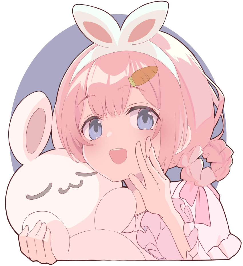 1girl, :d, animal_ears, blue_eyes, braided_hair_rings, carrot_hair_ornament, cropped_torso, engawa_de