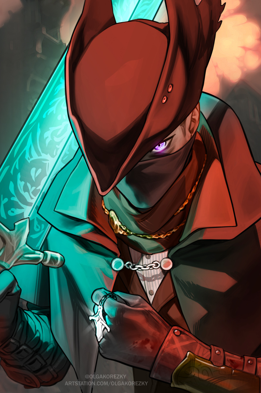 1boy, absurdres, artist_name, blonde_hair, bloodborne, blue_light, brown_headwear, building