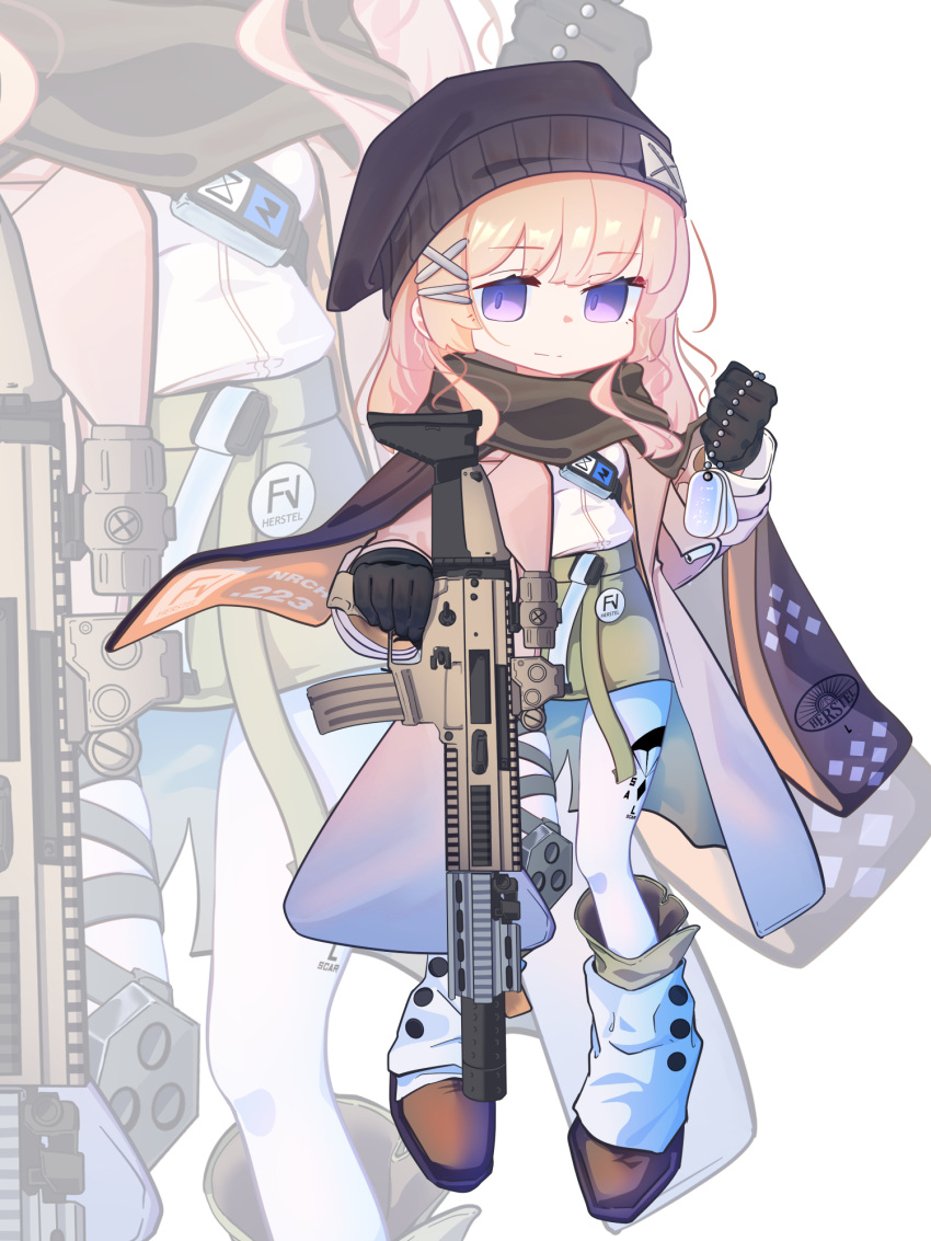 1girl, assault_rifle, beanie, black_scarf, blonde_hair, boots, breasts, brown_coat