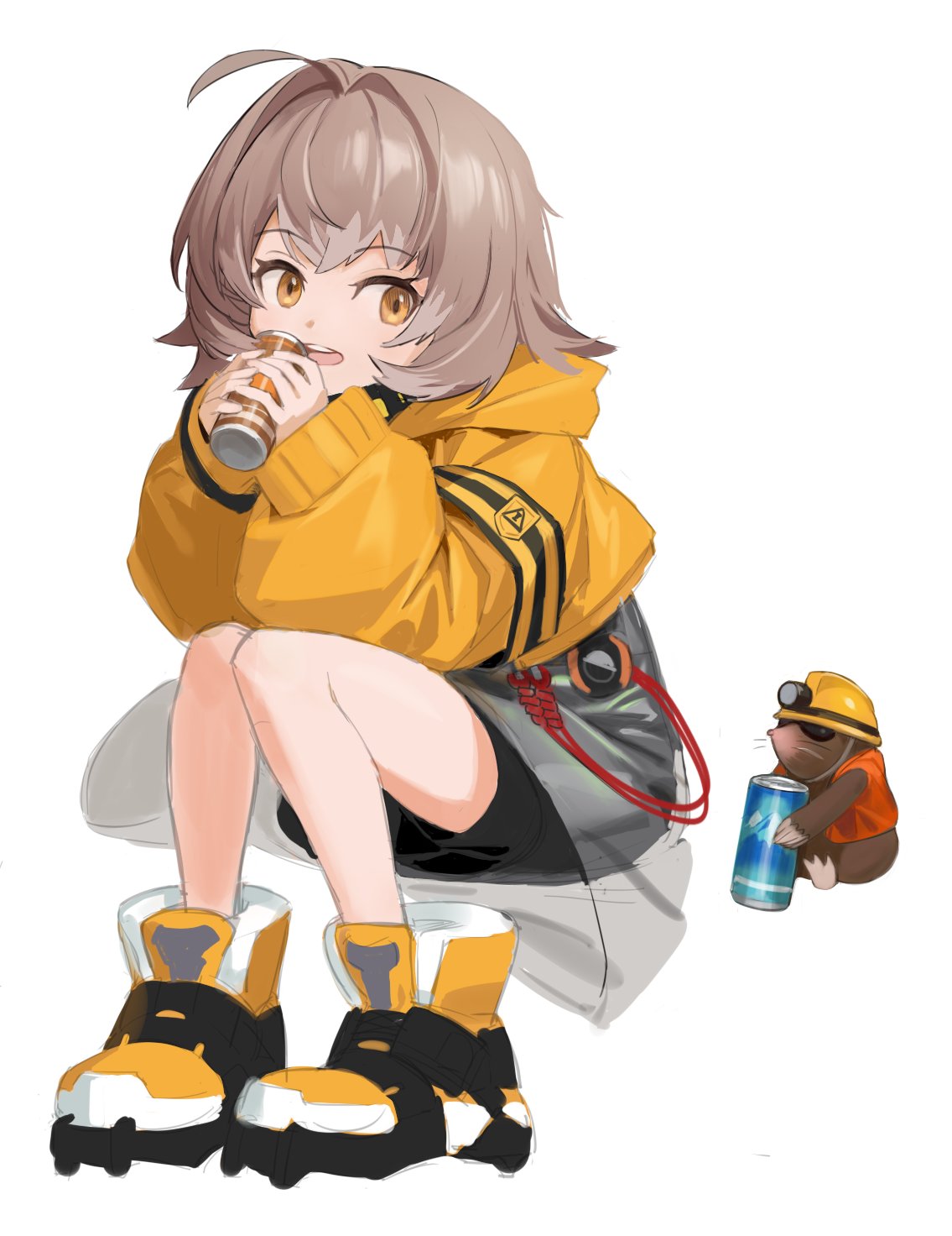 1girl, ahoge, arknights, can, cement_(arknights), commentary_request, grey_hair, hair_intakes