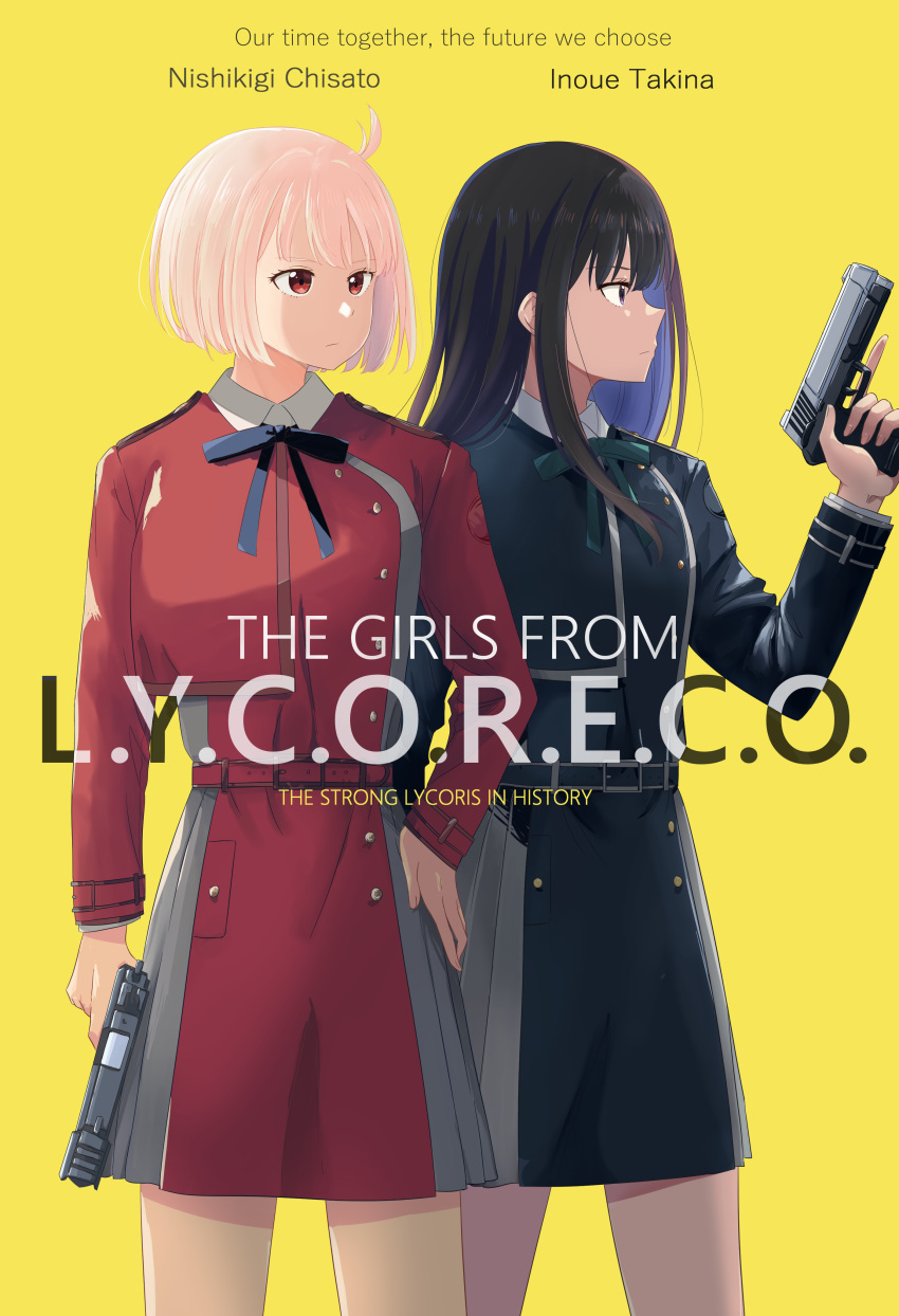 2girls, absurdres, ahoge, black_hair, blonde_hair, chai_haru, character_name, cowboy_shot