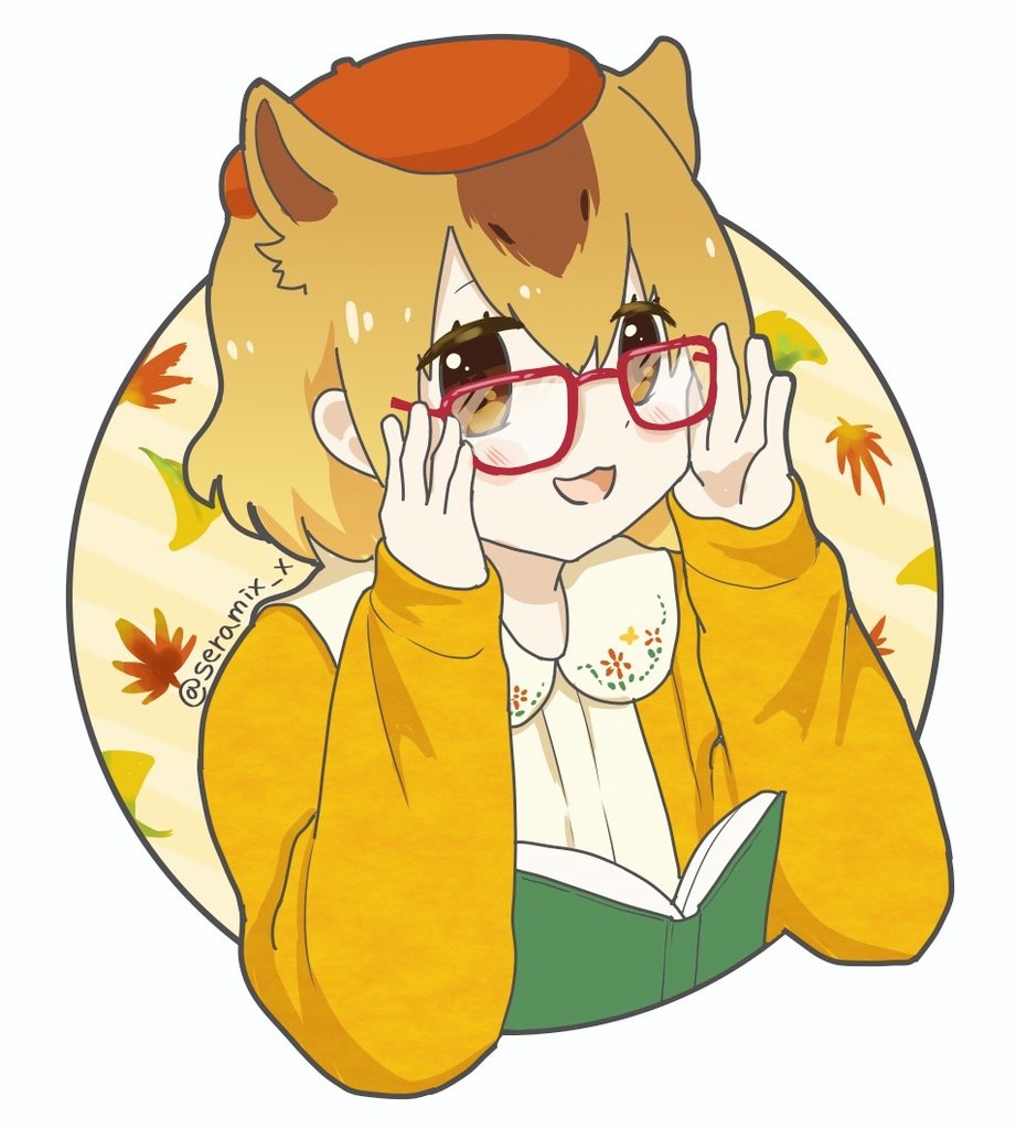 1girl, :3, adjusting_eyewear, alternate_costume, beret, blush, book, brown_hair
