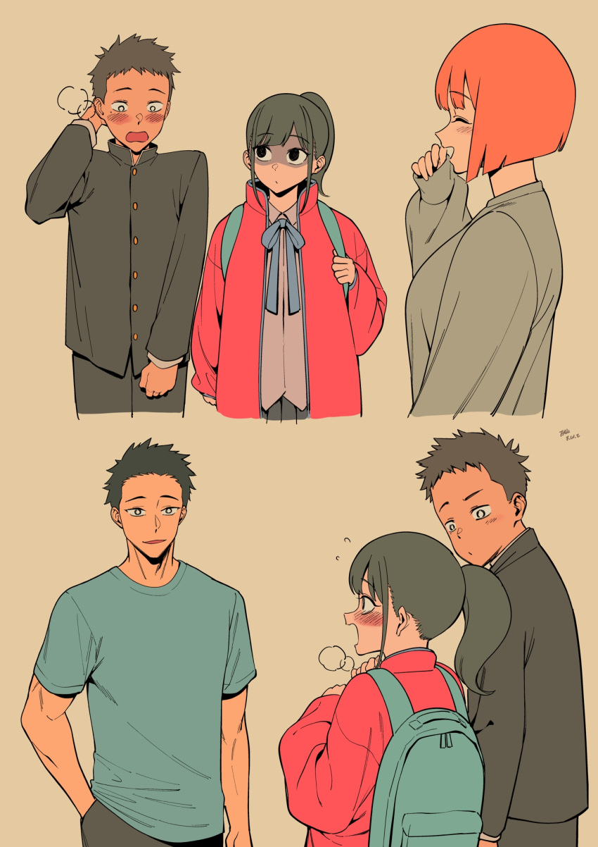 2boys, 2girls, backpack, bag, black_hair, boyfriend_(yoru_mac), brown_background, f.w.zholic