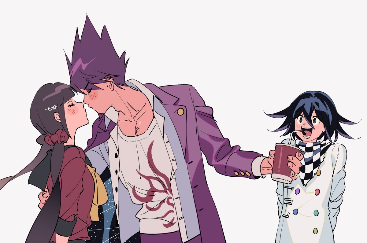 1girl, 2boys, arms_behind_back, black_hair, blush, brown_hair, checkered_clothes, checkered_scarf