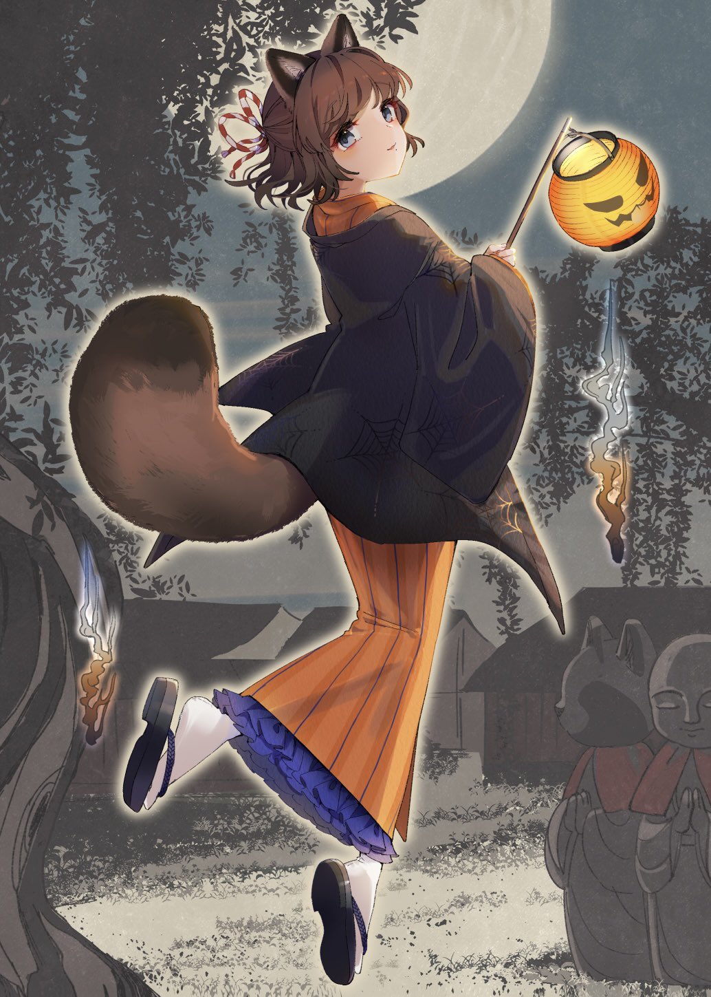 1girl, animal_ears, asahi_(kancolle), brown_hair, full_body, full_moon, geta, grey_eyes
