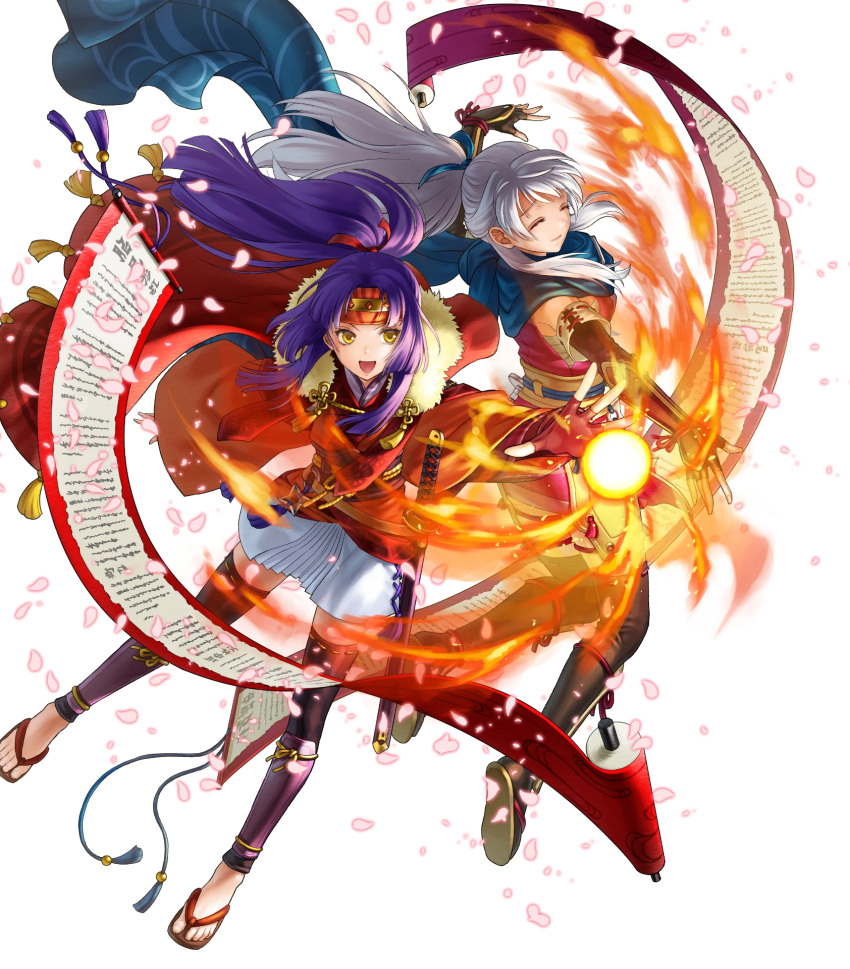 2girls, arm_guards, attack, black_gloves, black_thighhighs, closed_eyes, fingerless_gloves, fire