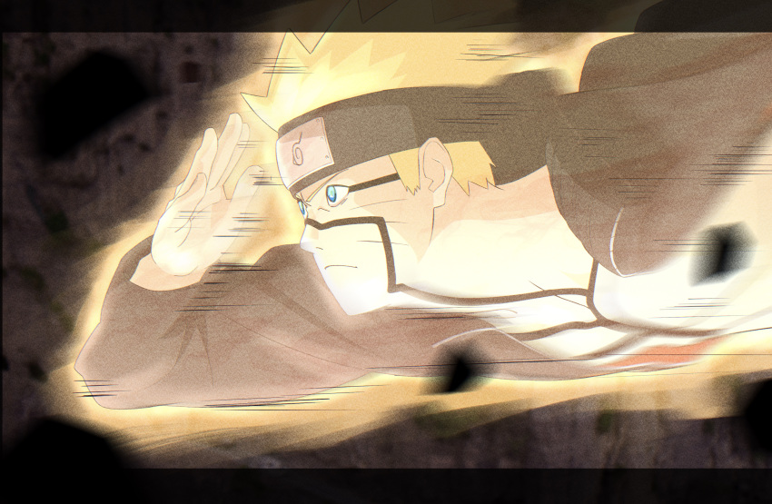 1boy, absurdres, aura, black_headband, blonde_hair, blue_eyes, commentary_request, ebata_kyouhei, facial_mark, forehead_protector, frown, headband, highres, konohagakure_symbol, letterboxed, male_focus, motion_blur, motion_lines, naruto_(series), naruto_shippuuden, serious, solo, uzumaki_naruto, whisker_markings