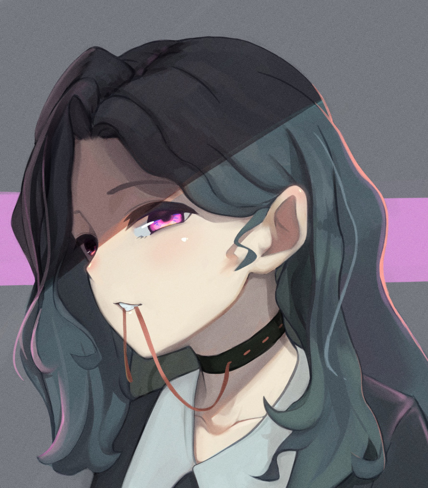 1girl, black_choker, black_hair, brown_ribbon, choker, commentary_request, ebata_kyouhei, heterochromia, highres, long_hair, mouth_hold, orange_eyes, original, pink_eyes, portrait, profile, ribbon, ribbon-trimmed_choker, shade, solo