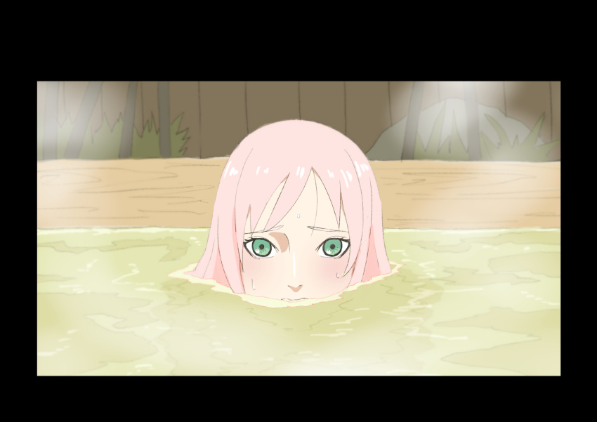 1girl, black_border, border, commentary, ebata_kyouhei, fence, green_eyes, haruno_sakura