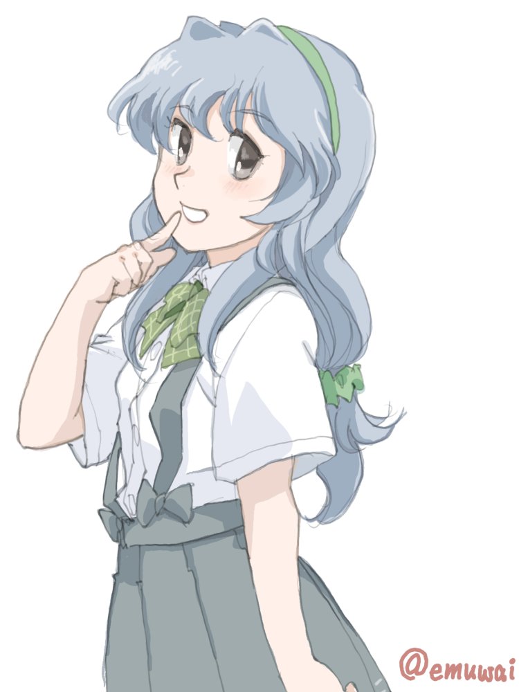 1girl, bow, bowtie, collared_shirt, dress_shirt, emuwai, finger_to_mouth, green_bow