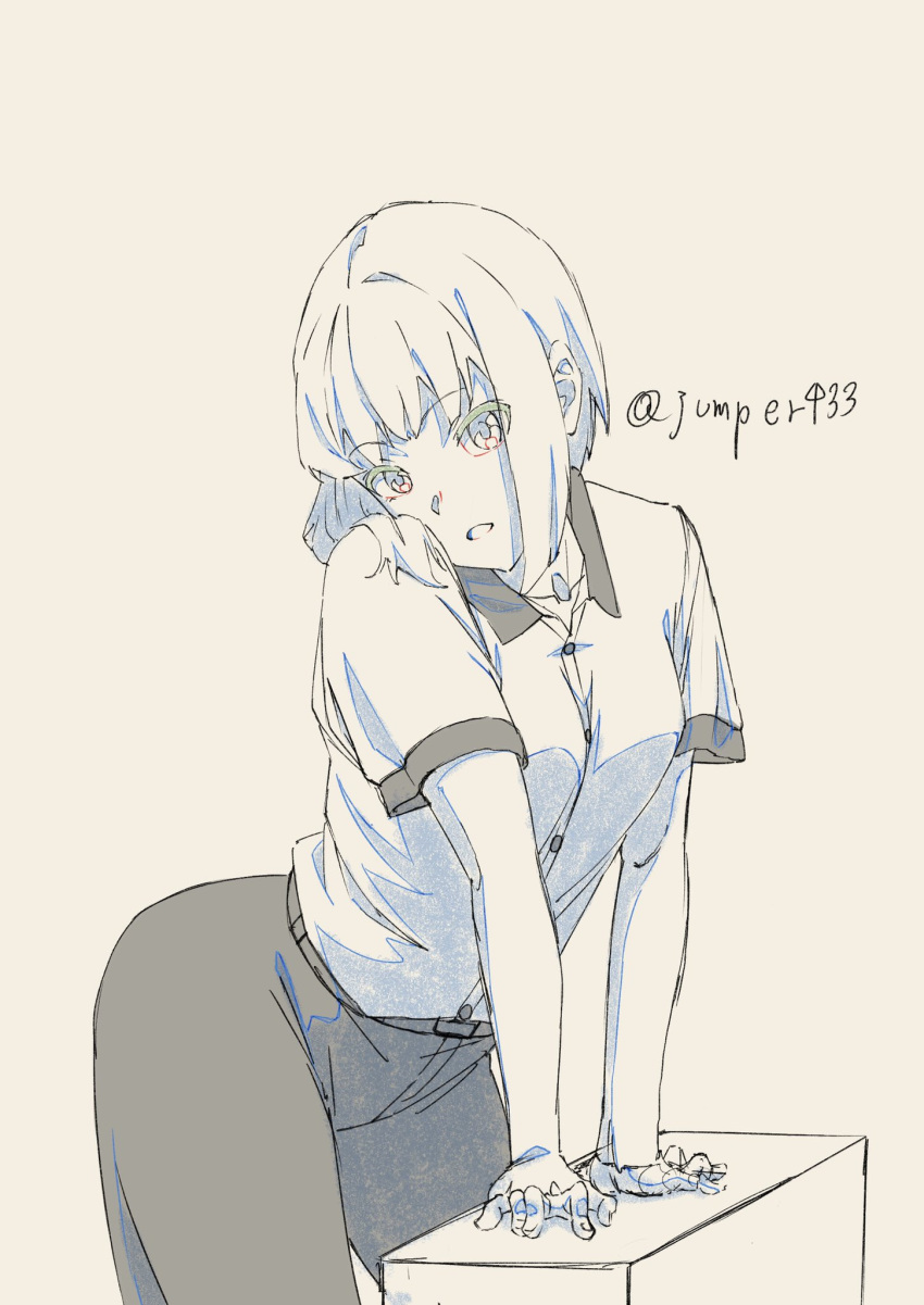 1girl, bent_over, breasts, collared_shirt, commentary_request, contrapposto, ebata_kyouhei, greyscale