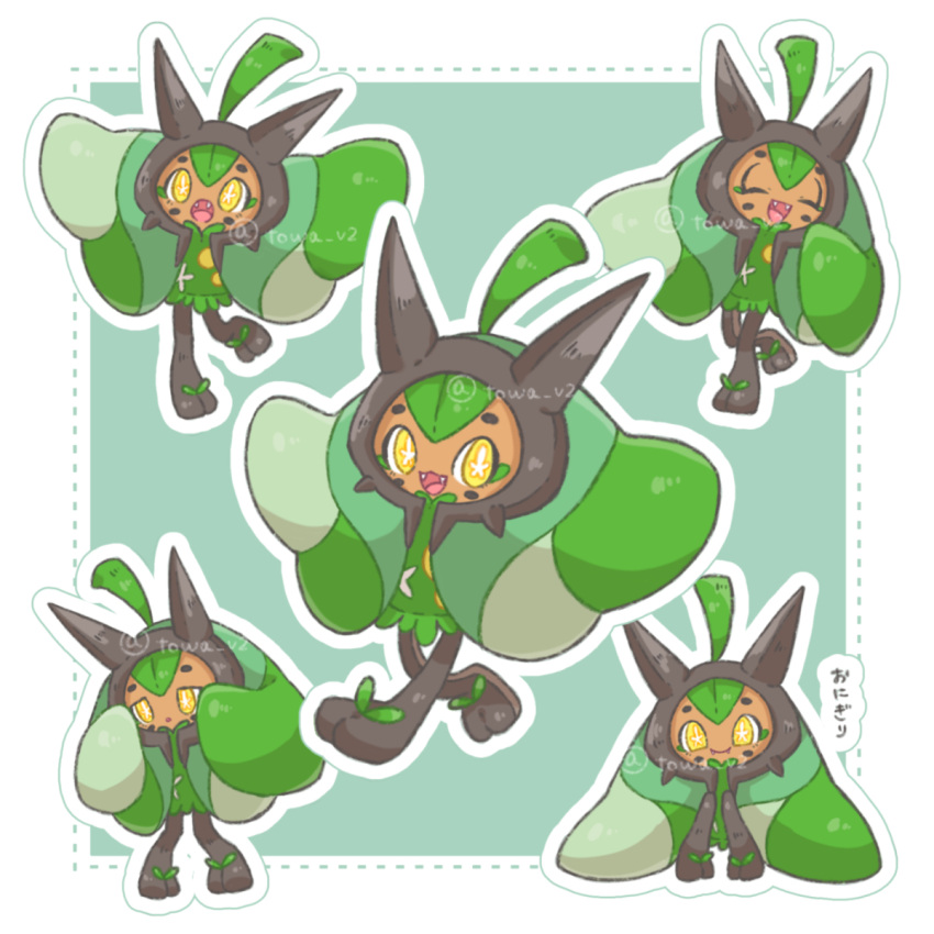 1girl, :3, ^_^, arms_up, artist_name, black_skin, border, closed_eyes, closed_mouth, colored_skin, commentary_request, fangs, fangs_out, full_body, green_background, green_kimono, green_theme, half-closed_eyes, happy, highres, japanese_clothes, kimono, knees_together_feet_apart, knees_up, leg_up, multicolored_skin, multiple_views, ogerpon, open_mouth, orange_skin, outline, outside_border, outstretched_arms, pokemon, pokemon_(creature), signature, simple_background, sitting, sleeves_past_fingers, sleeves_past_wrists, smile, speech_bubble, spread_arms, standing, standing_on_one_leg, star-shaped_pupils, star_(symbol), symbol-shaped_pupils, towa_(clonea), translation_request, twitter_username, two-tone_skin, walking, white_border, white_outline, wide-eyed, yellow_eyes