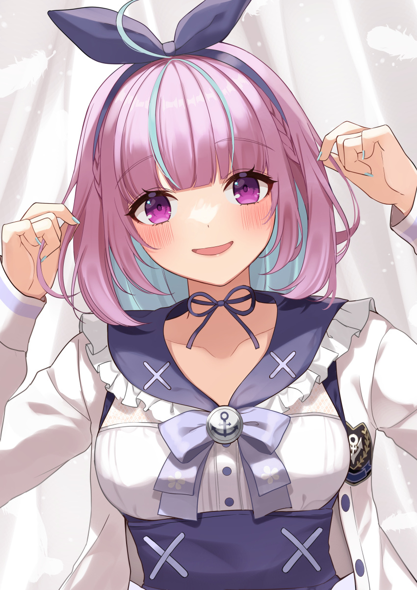 1girl, absurdres, braid, colored_inner_hair, commentary_request, frilled_shirt_collar, frills, hairband