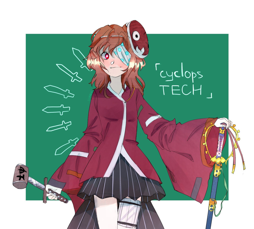 1other, ametsukana_yago, androgynous, bandage_over_one_eye, black_hakama, black_skirt, border, brown_hair